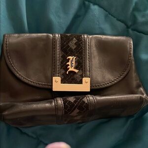 L.A.M.B. Black Clutch with Gold Hardware and Textured Detail